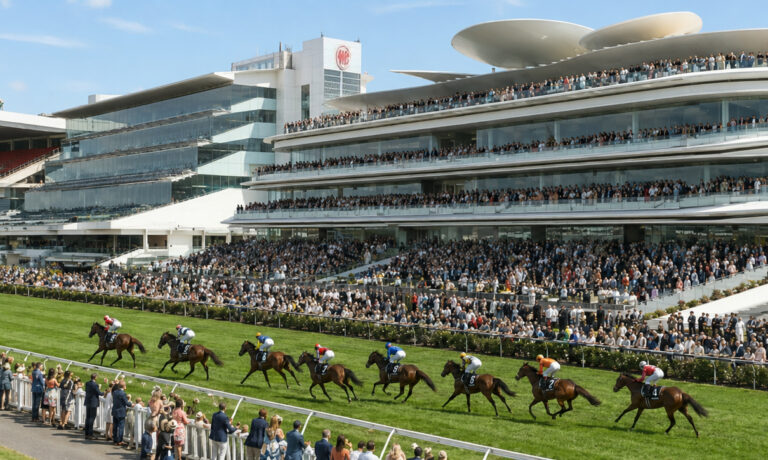 A horse race on a green turf track with several horses and jockeys racing past a large multi-tiered white stadium filled with spectators at a sunny day festival.
